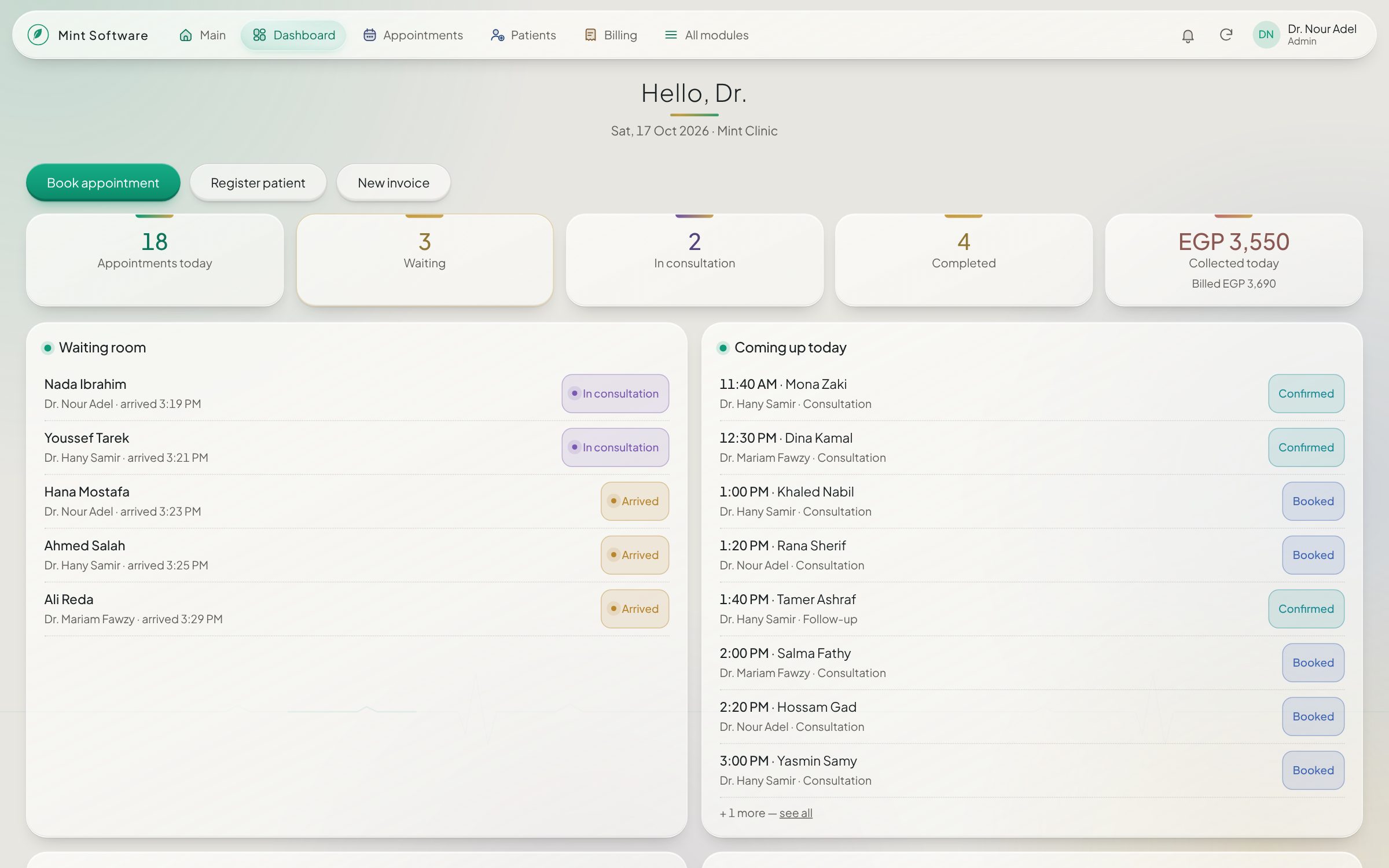 Mint Clinic dashboard: today's appointments, waiting room and collections